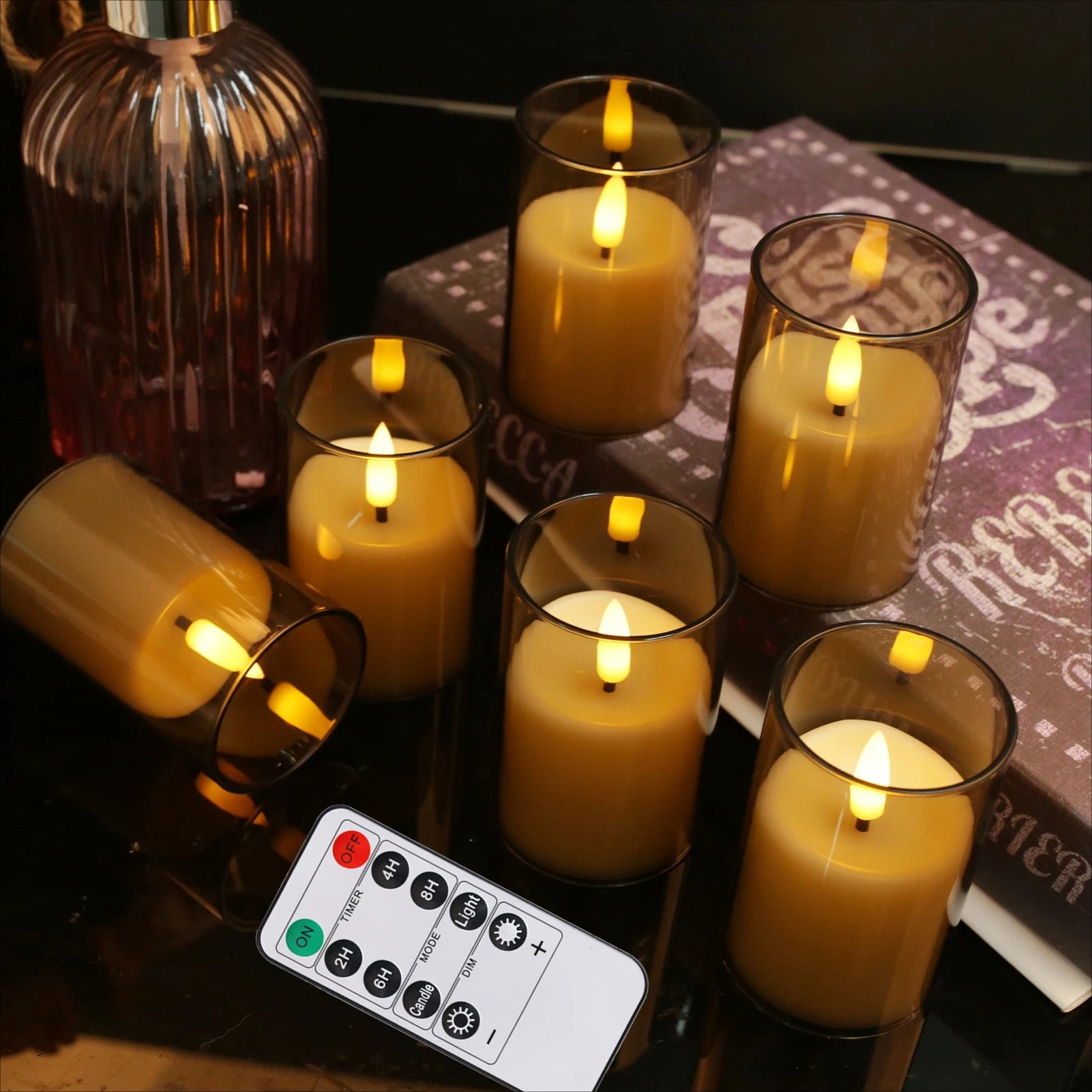 Flameless LED Electronic Candle with Remote Control LED Lighting with Flickering Flame Tea Lights Wedding Party Home Decor Peaceful Pleasures Health and Wellness 6Pcs Grey