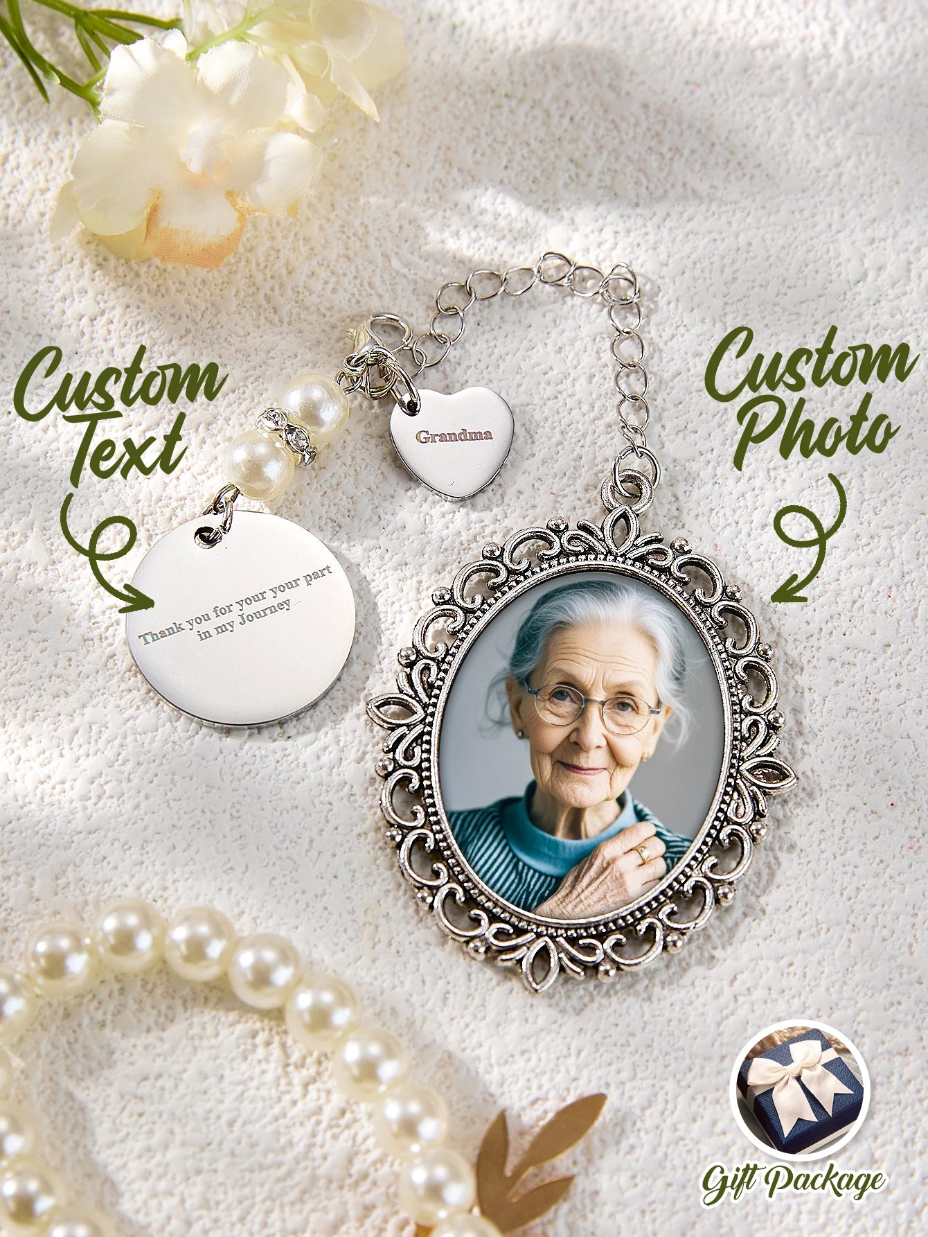 Custom Photo Bouquet Charm Personalized Picture Pendant Wedding Bridal Memorial Charm Gift for Couple Anniversary Birthday Peaceful Pleasures Health and Wellness