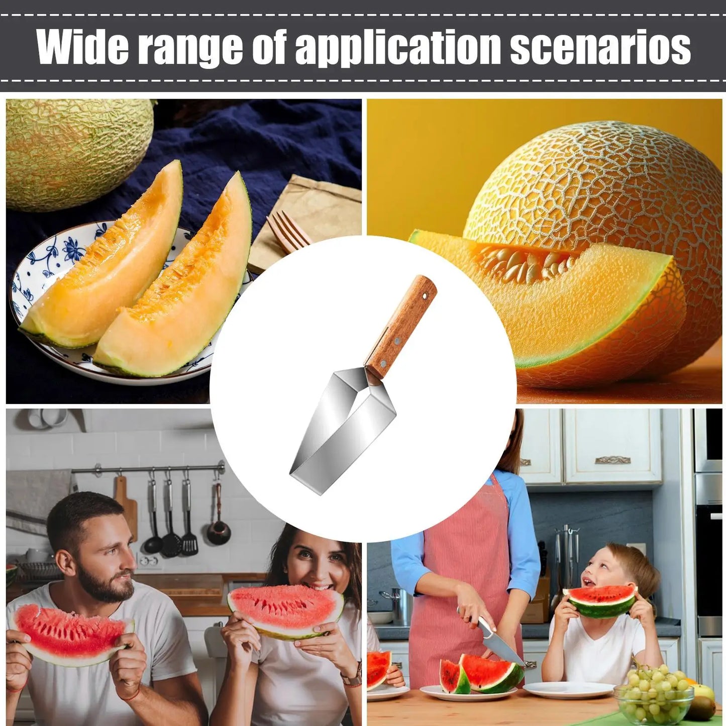 Watermelon Cutter Stainless Steel Ergonomic Wooden Handle Metal Cantaloupe Slicer for Muskmelon Cake Base Cantaloupe Home Peaceful Pleasures Health and Wellness