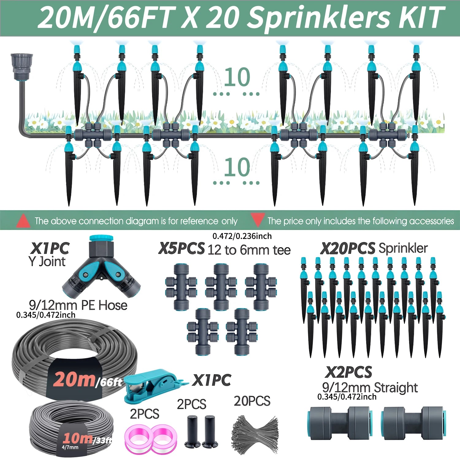 3/8" Garden Irrigation Watering System 12mm PE Hose 360° Adjustable 2-in-1 Misting Quick Connect Sprinkler Micro Dripper Sprayer Peaceful Pleasures Health and Wellness 20m Kit
