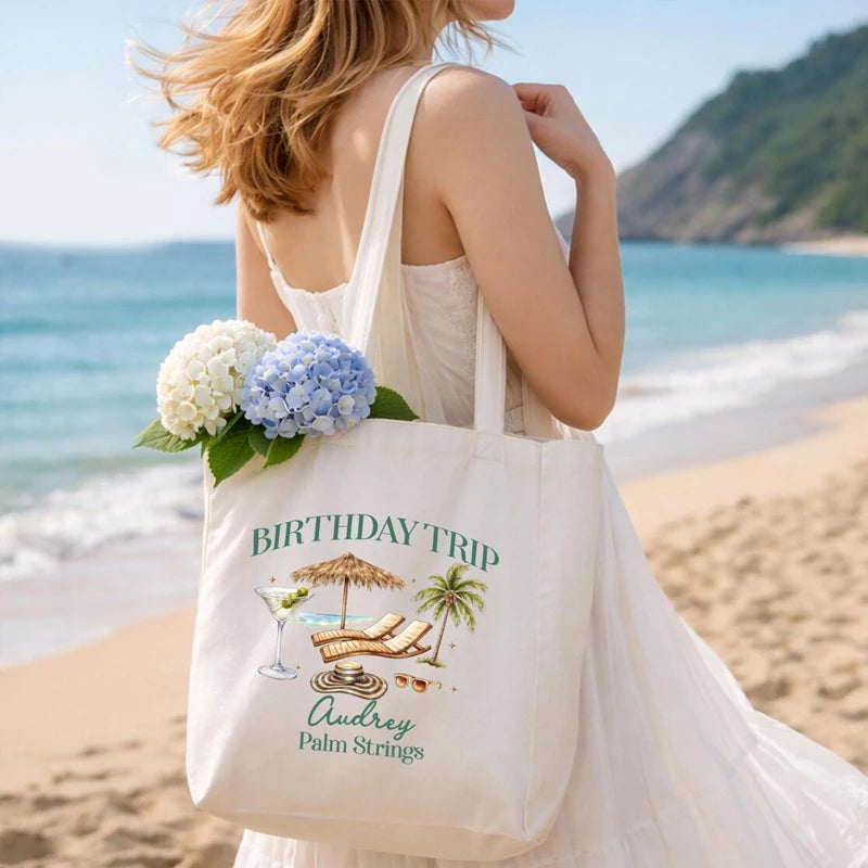 Personalized Birthday Trip Canvas Tote Bag | Beach Vacation Gift Personalized Canvas Tote Peaceful Pleasures Health and Wellness