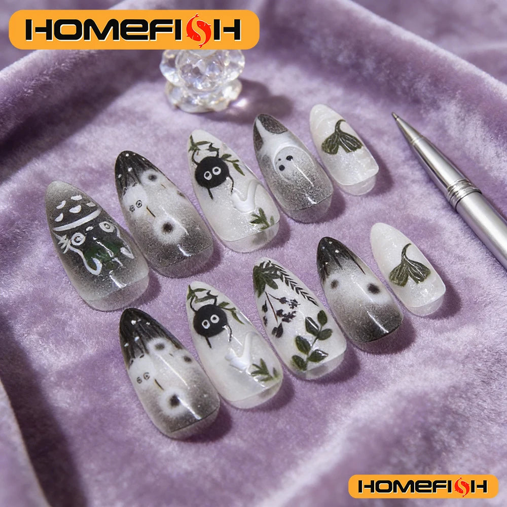 24pcs Gradient Black False Nails Cute Cartoon Cat's Eye Forest Elf Girl Press On Nails Glossy Almond Sweet Cool Fake Nail Tips Peaceful Pleasures Health and Wellness