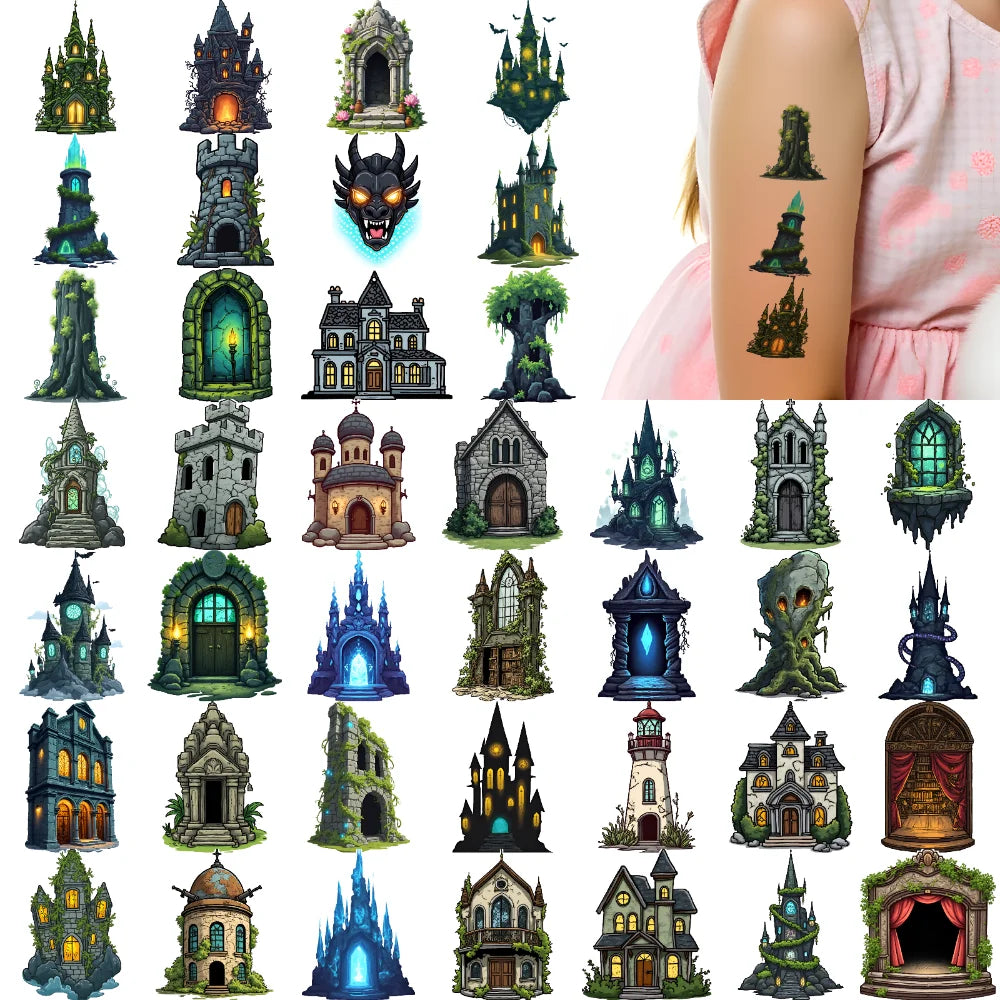 54pcs Fantasy Castle & Tree Temporary Tattoos – Waterproof Stickers
