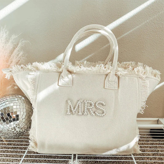 Pearl Letter MRS Tote Bag | Bride Bachelorette Wedding Gift Bridal Tote Bag Peaceful Pleasures Health and Wellness MRS