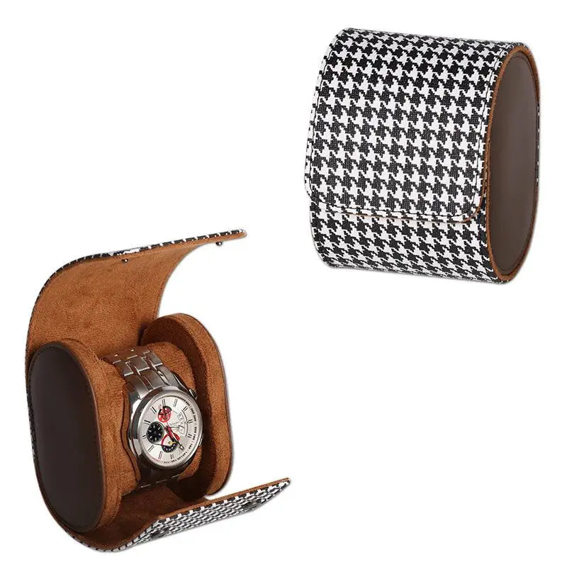 Houndstooth PU Leather Watch Roll Travel Case | 1-3 Slots