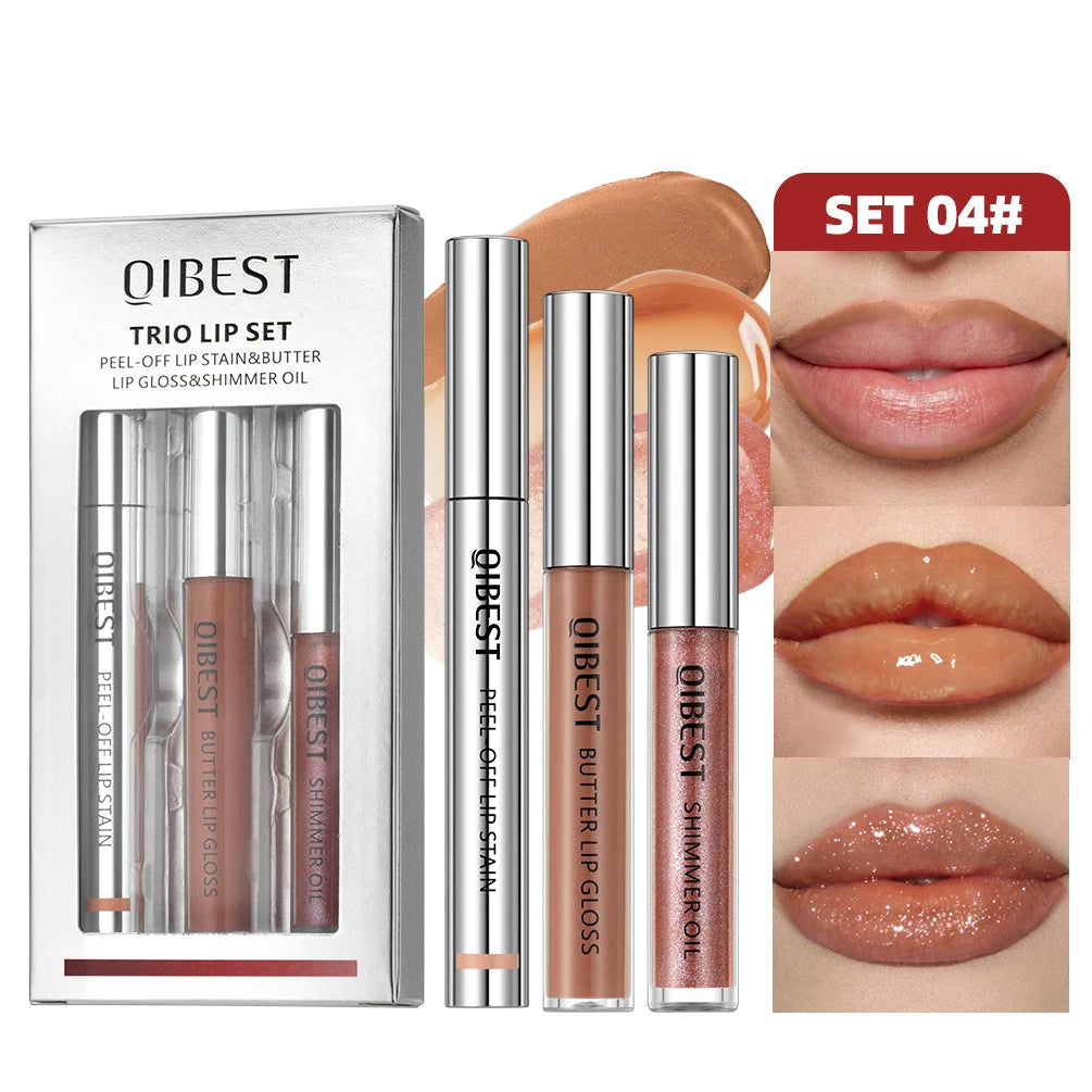 QIBEST 3pcs Multifunctional Makeup Sets Peel Off Lip Stain,Lip Glaze,Shimmer Lip Oil Long Lasting Lip Gloss Tint Cosmetics Kits Peaceful Pleasures Health and Wellness SET 04