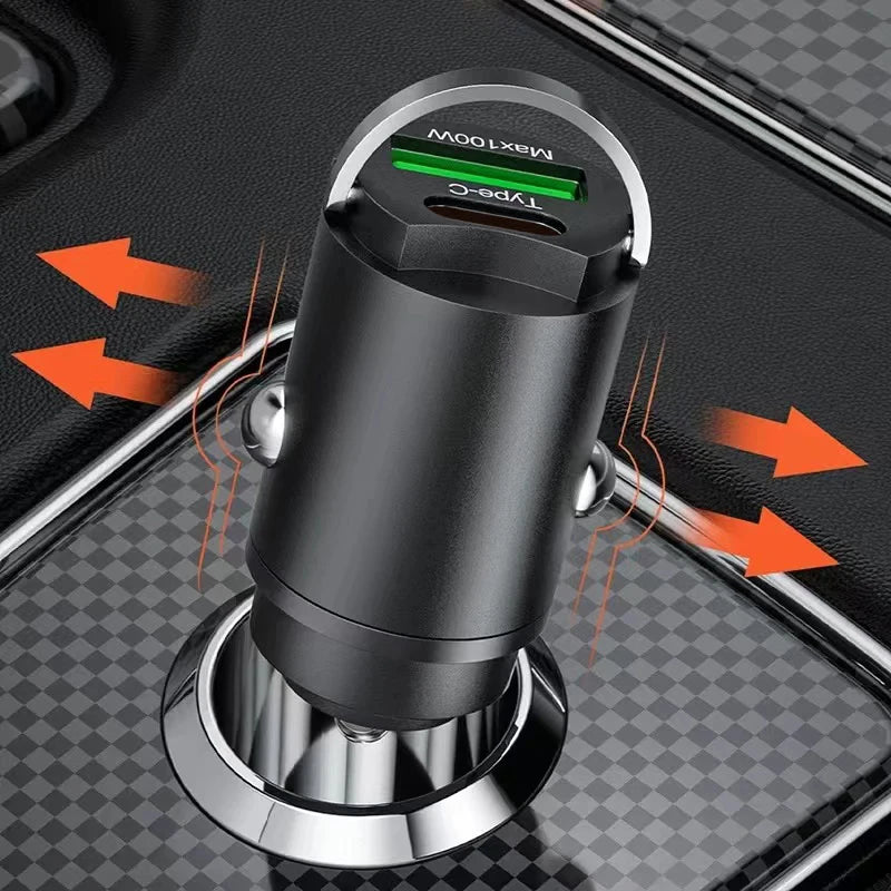 100W Dual Port Mini Car Charger QC3.0 & USB-C PD Fast Charge