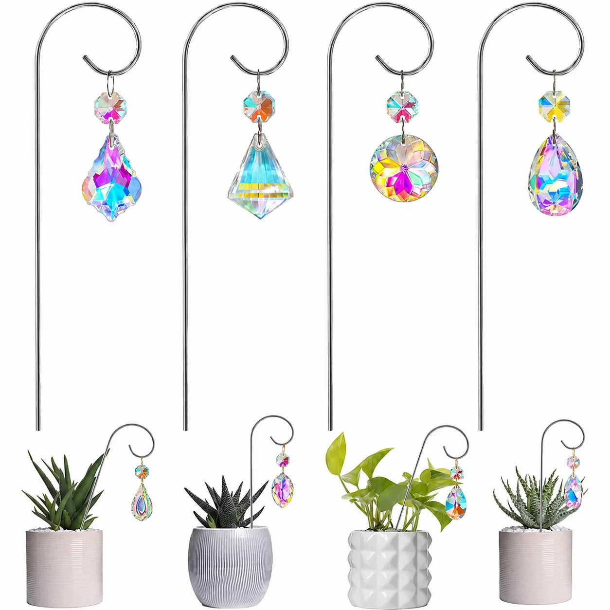 4-Pack AB Crystal Glass Garden Suncatchers with Metal Stakes