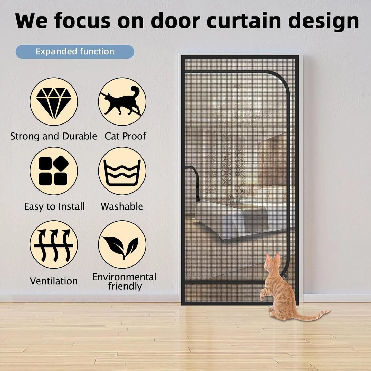 Reinforced Heavy Duty Cat Screen Door Thickened Cat Scratch Mesh to Prevent scratching D/U-shaped with Bilateral Zippers Peaceful Pleasures Health and Wellness