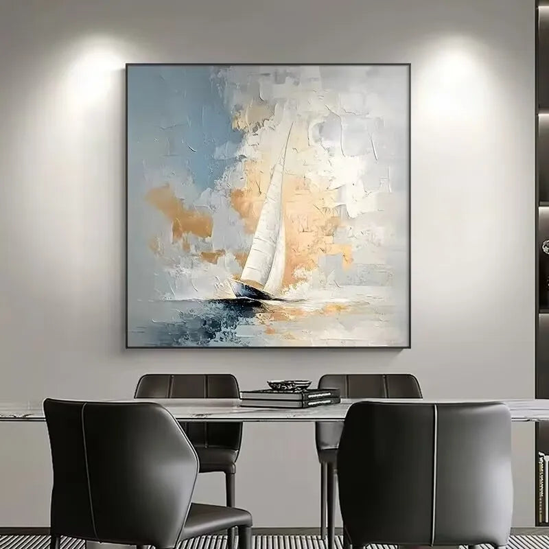 Sea Sailboat Abstract Art Oil Painting Handmade Canvas Hanging Poster Modern Decorative Mural For Living Room Bedroom Restaurant Peaceful Pleasures Health and Wellness