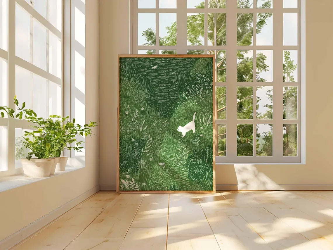 White Cat in Meadow Canvas Poster | Whimsical Animal Wall Art Canvas Wall Art Peaceful Pleasures Health and Wellness
