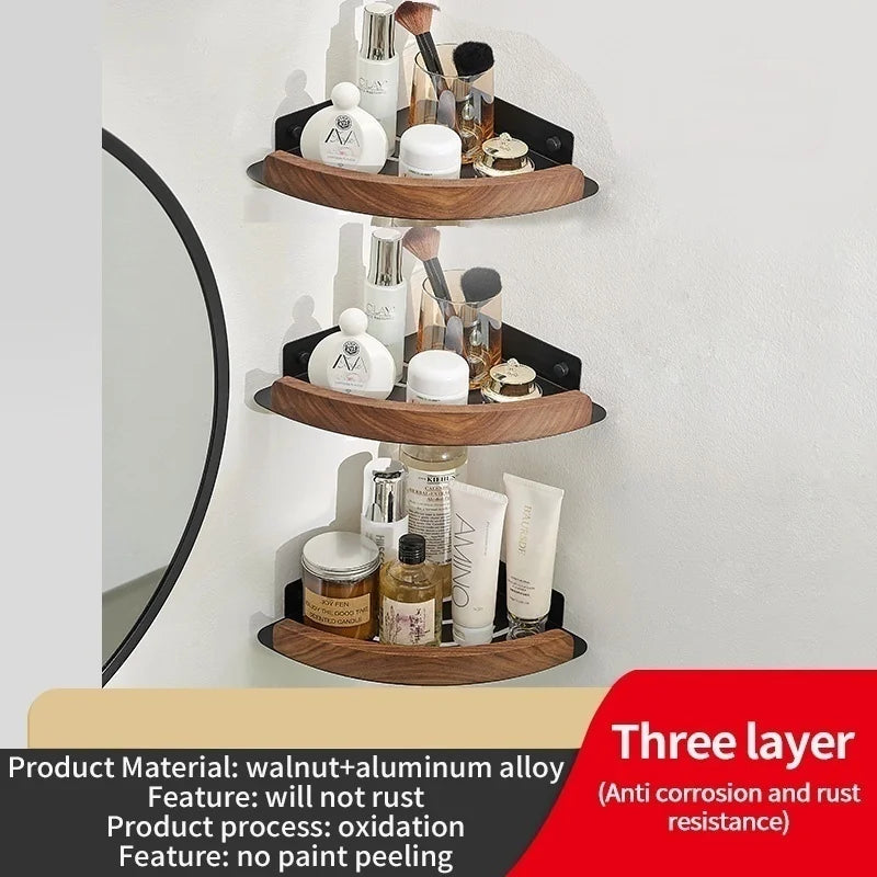 Wood & Aluminum Corner Shower Shelf | Bathroom Wall Organizer