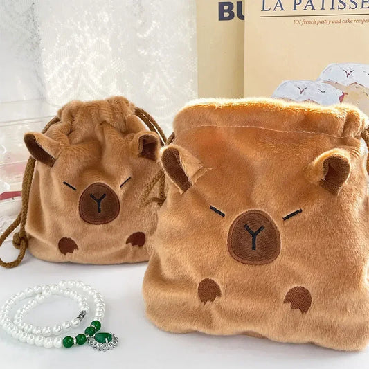 Kawaii Capybara Drawstring Bag – Large Canvas Cosmetic Pouch Drawstring Cosmetic Bag Peaceful Pleasures Health and Wellness