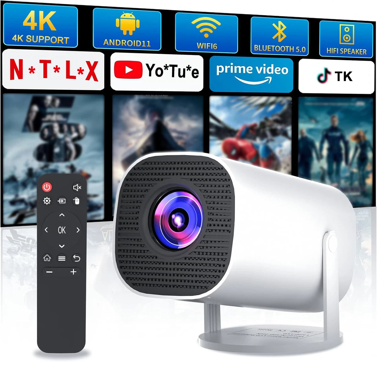 Mini Projector with WiFi & Bluetooth, 4K Support, Android System, Portable for Home Theater, Business, Gaming Peaceful Pleasures Health and Wellness