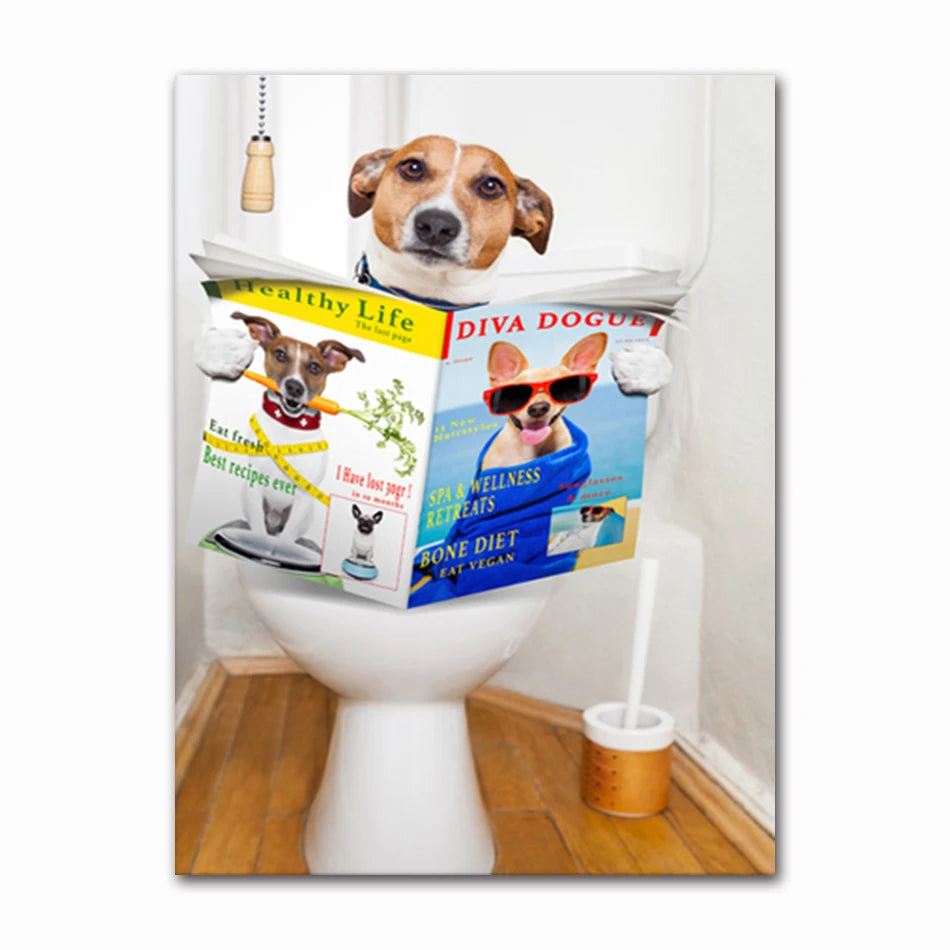 Funny Animal Dog Read Newspaper Oil Painting on Canvas Wall Art Poster Prints Wall Art Picture for Bathroom Toilet Decoration Peaceful Pleasures Health and Wellness T60523-13 40x50cm Unframed