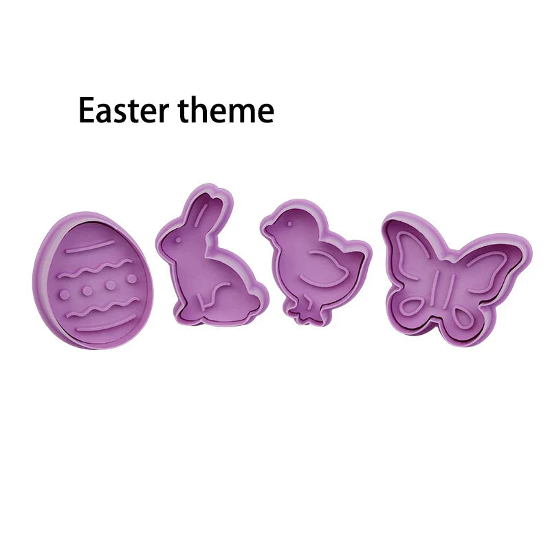4-Piece 3D Cartoon Cookie Cutter & Stamp Mould Set – Baking