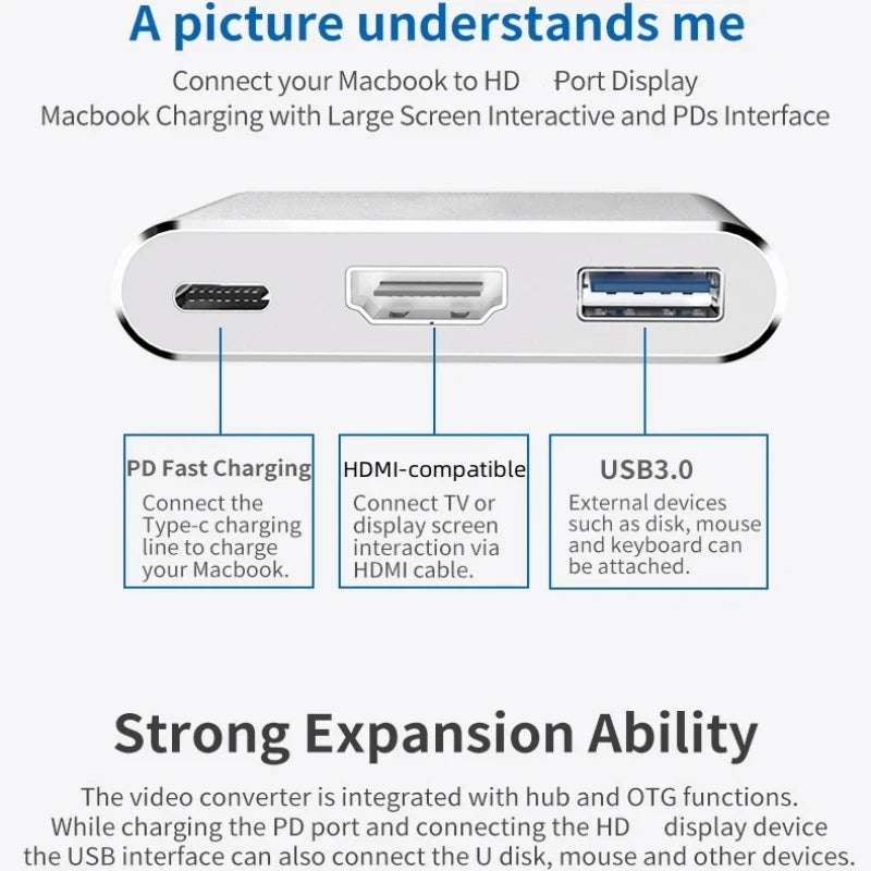 3-in-1 USB-C Hub: 4K HDMI, USB 3.0 & PD Charging Adapter Peaceful Pleasures Health and Wellness