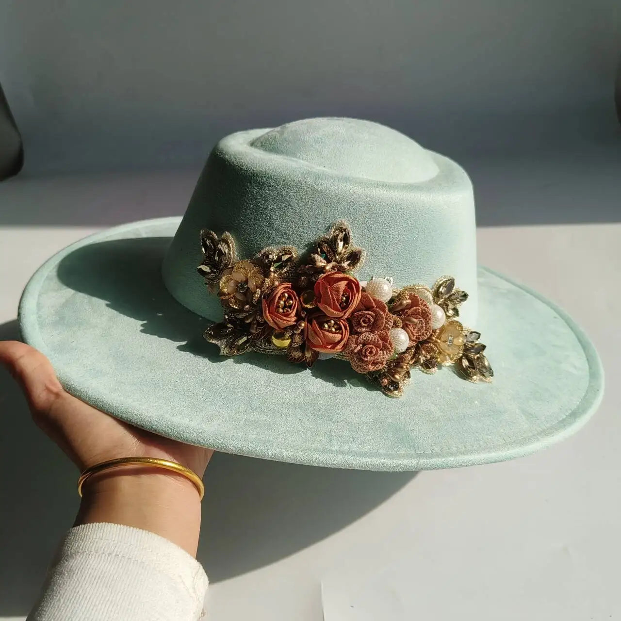 Vegan Suede Fedora Hat | Rhinestone Wide Brim Pork Pie