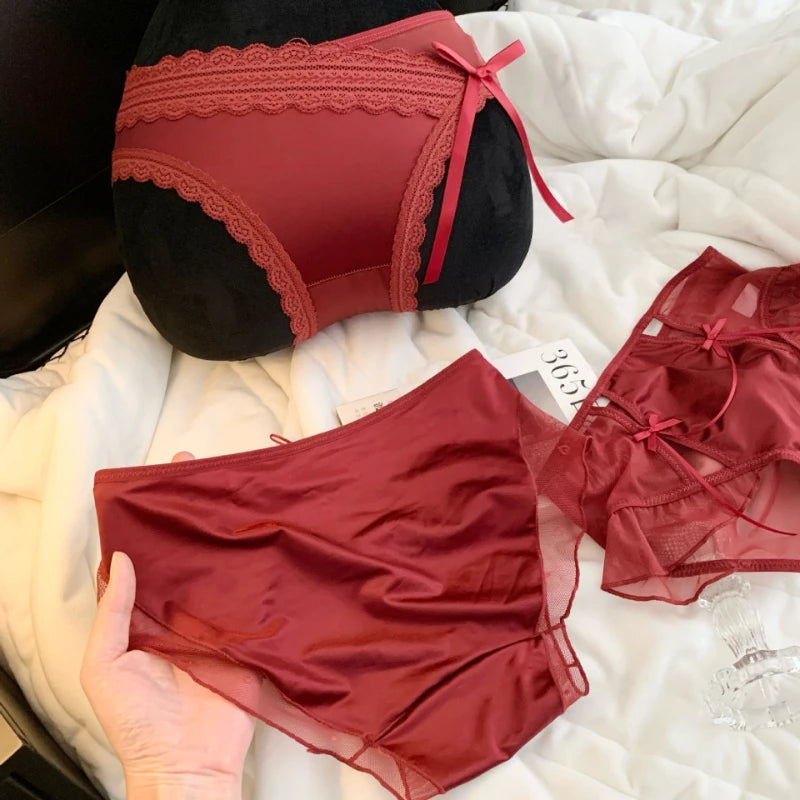 Women's Cherry Red Lucky Satin Mesh Mid-Waist Brief Panties