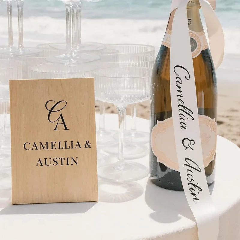 5pcs Personalized Wedding Ribbon Champagne Glass & Chair Decor