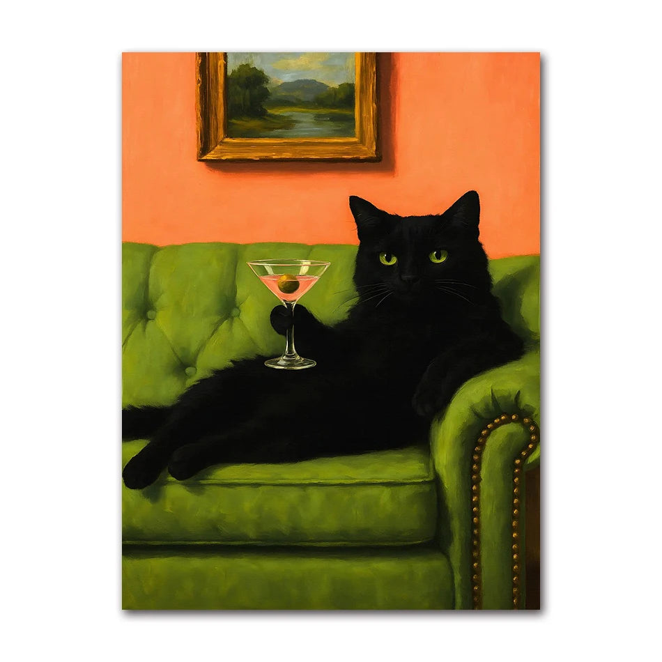 Cat with Cocktail Smoking Poster Canvas Painting Print Wall Art for Living Room Home Decor More Spaghetti, Less Upsetti Black Peaceful Pleasures Health and Wellness T81885-04 20x30cm