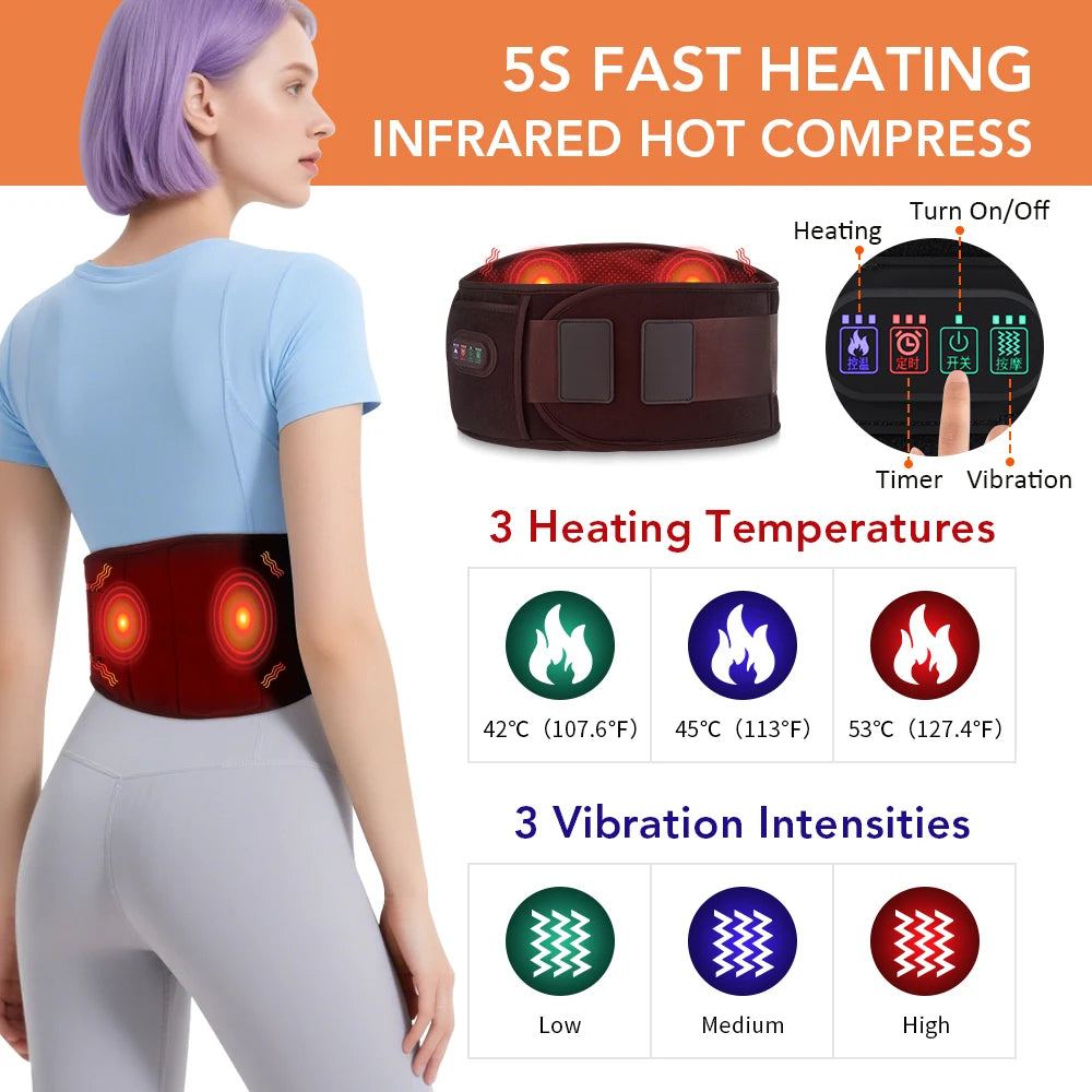 Vibration Lower Back Massager Waist Spine Plates Support Belt Heating Pad Red Light Hot Compress Portable Wearable Lumbar Brace Peaceful Pleasures Health and Wellness black