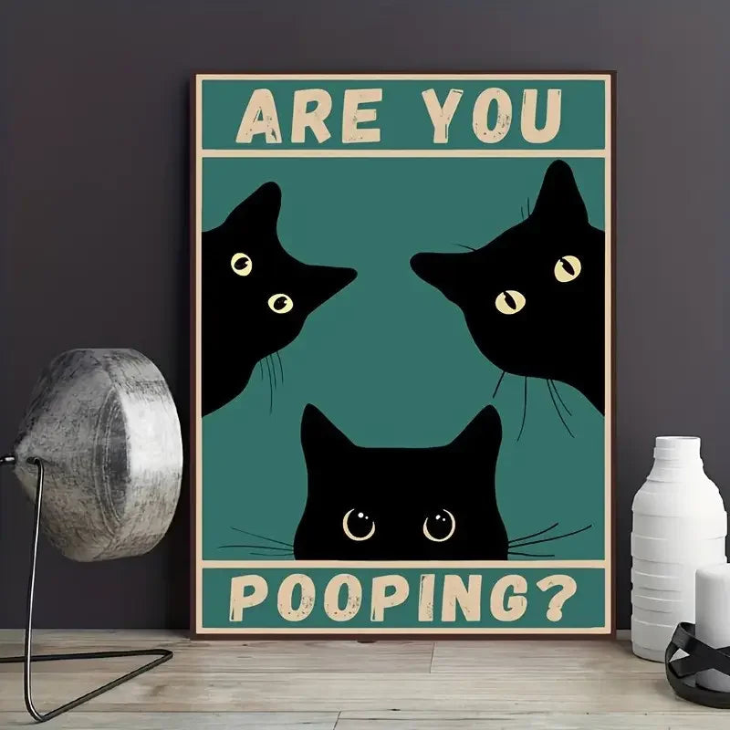 Funny Black Cat Toilet Canvas Poster | Retro Wall Art Print