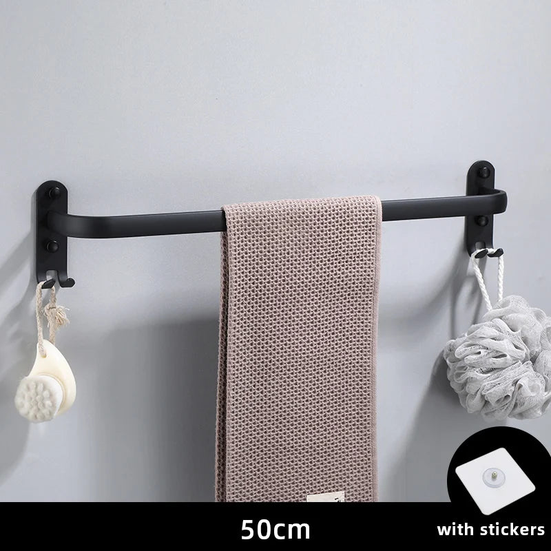 Matte Black Double Towel Bar Wall Mounted Aluminum Rack 30–50cm