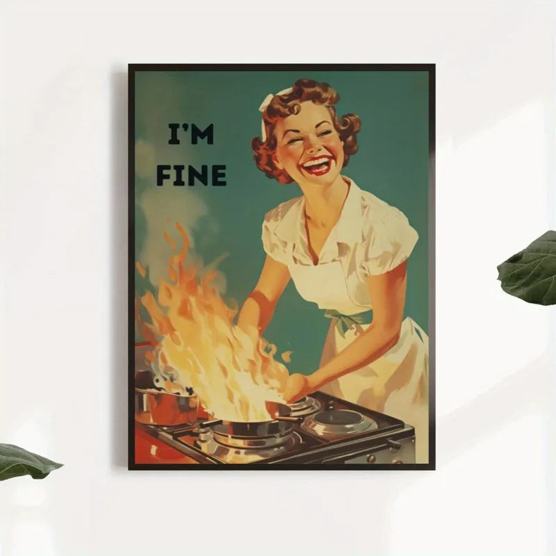 Vintage-Inspired Cartoon Kitchen Wall Art Retro 50s Cooking Housewife Poster, Frameless Canvas Print for, Kitchen Indoor Artwork Peaceful Pleasures Health and Wellness