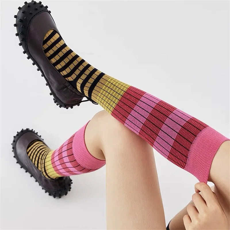 Women's Fashion Gradient Color Striped Retro Cotton Socks High Tube Soft and Comfortable Sports Women's Casual Socks Peaceful Pleasures Health and Wellness Pink EU36-39