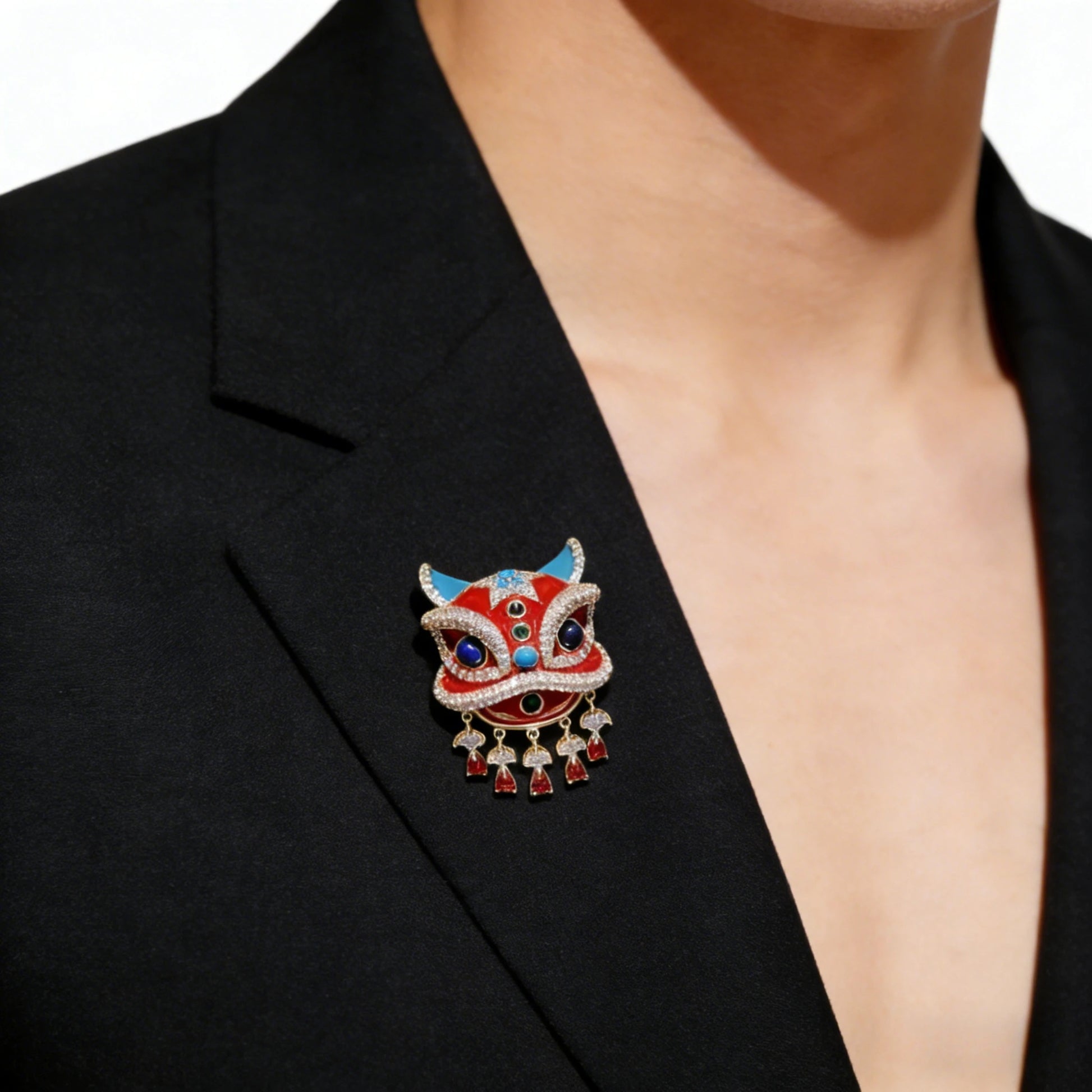 New Artistic National Trend Lion Dance Brooch Chinese Red Festive Three Dimensional Flower Shaped Brooch Inlaid Coat Pin Brooch Peaceful Pleasures Health and Wellness