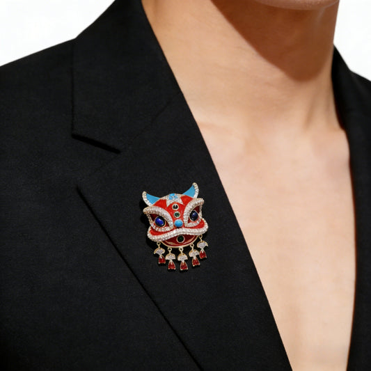 New Artistic National Trend Lion Dance Brooch Chinese Red Festive Three Dimensional Flower Shaped Brooch Inlaid Coat Pin Brooch Peaceful Pleasures Health and Wellness