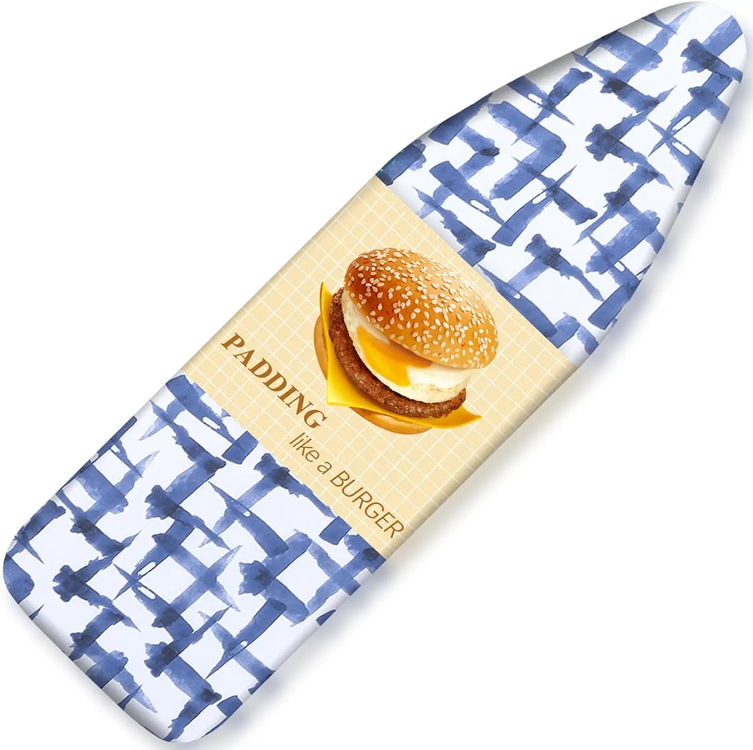 Product packaging with blue and white pattern and burger illustration on a beige background
