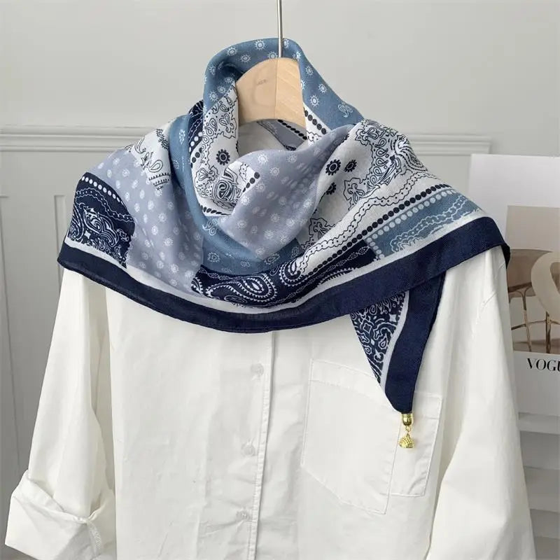 70x70 Retro Print Square Silk Scarf with Magnetic Buckle