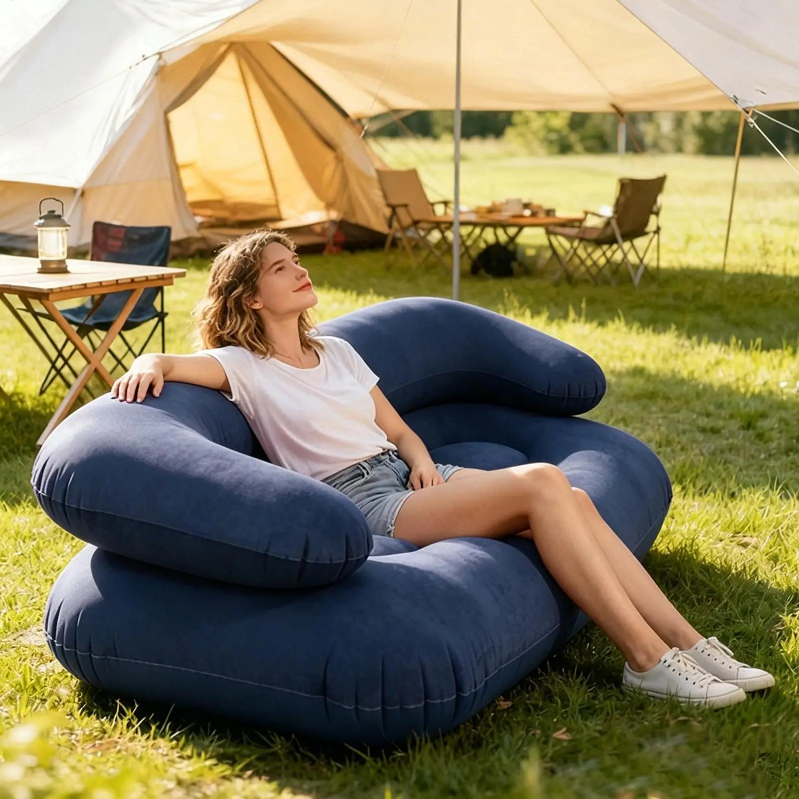Flocked Inflatable Sofa With Armrest Foldable Portable Blow Up Couch for Indoor Bedroom Outdoor Garden Camping Picnic Travel Peaceful Pleasures Health and Wellness