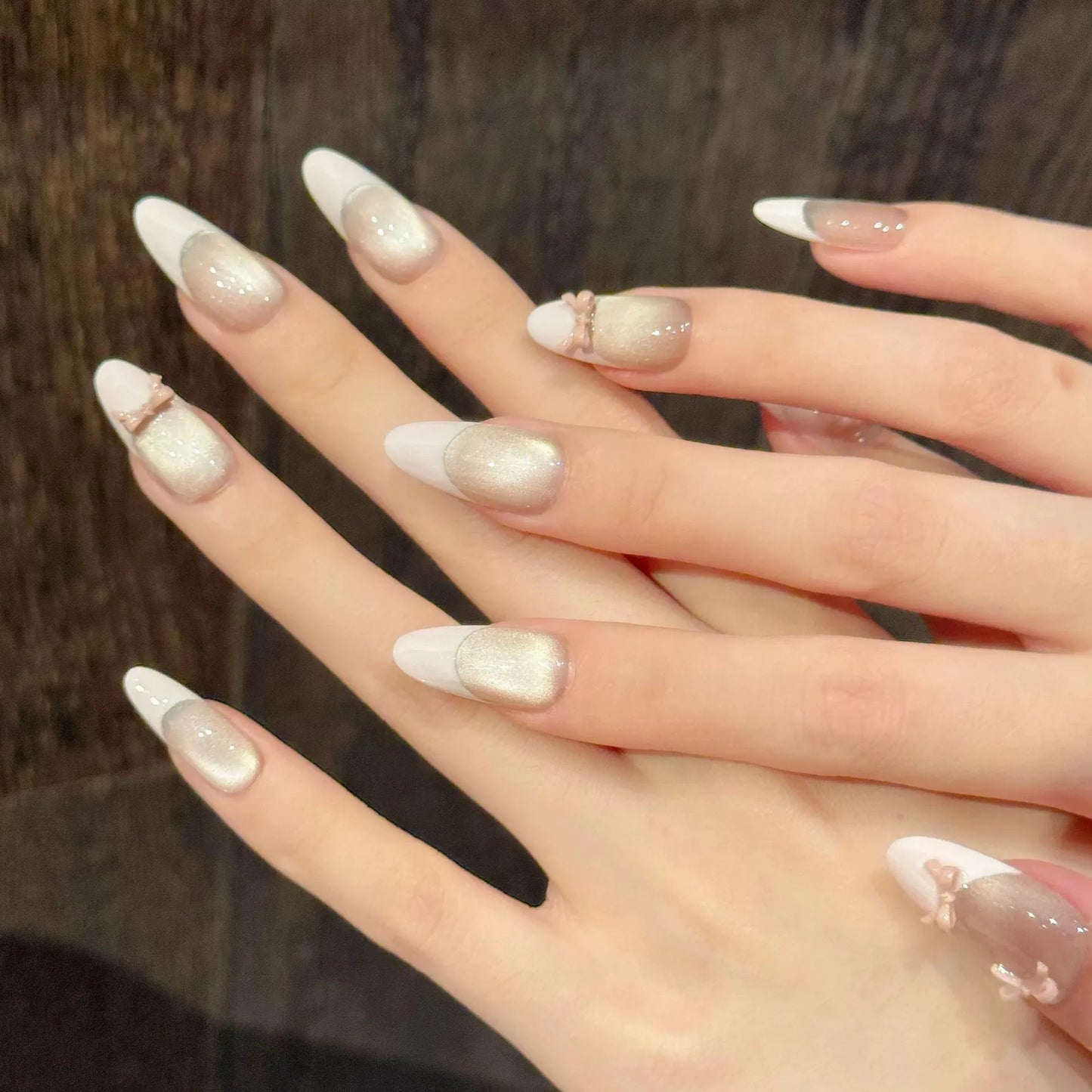 Pink Cat's Eye French Press-On Nails | Bow Almond Ballet 10pcs