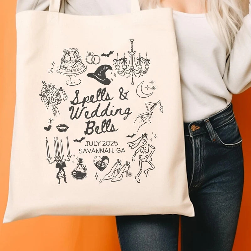 Personalized Witchy Gothic Wedding Bells Canvas Tote Bag | Bachelorette Personalized Tote Bag Peaceful Pleasures Health and Wellness