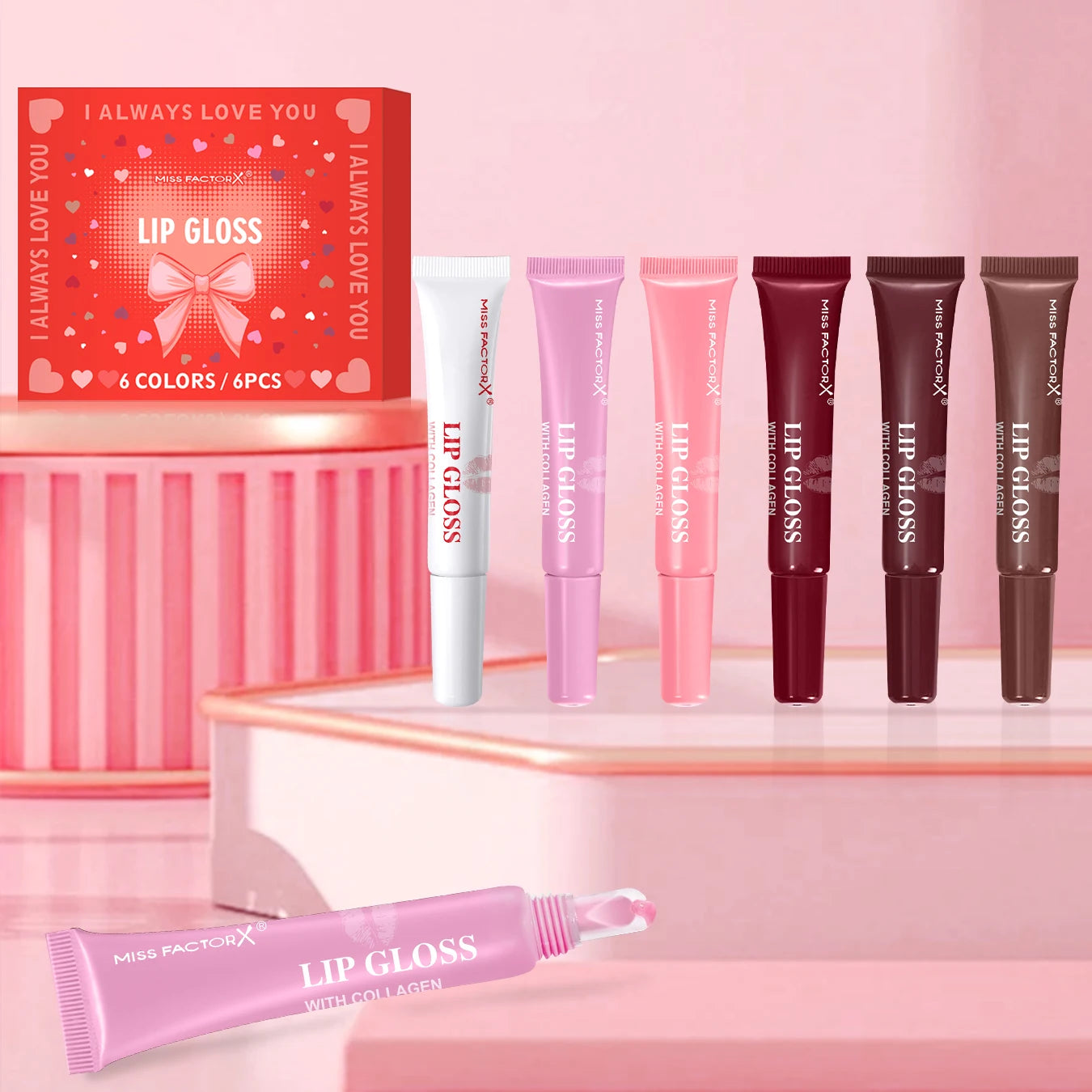 6pcs/box 6-color lip gloss set Unique gift set Long-lasting moisturizing Glossy lip color Valentine’s Day gift Thanksgiving gift Peaceful Pleasures Health and Wellness