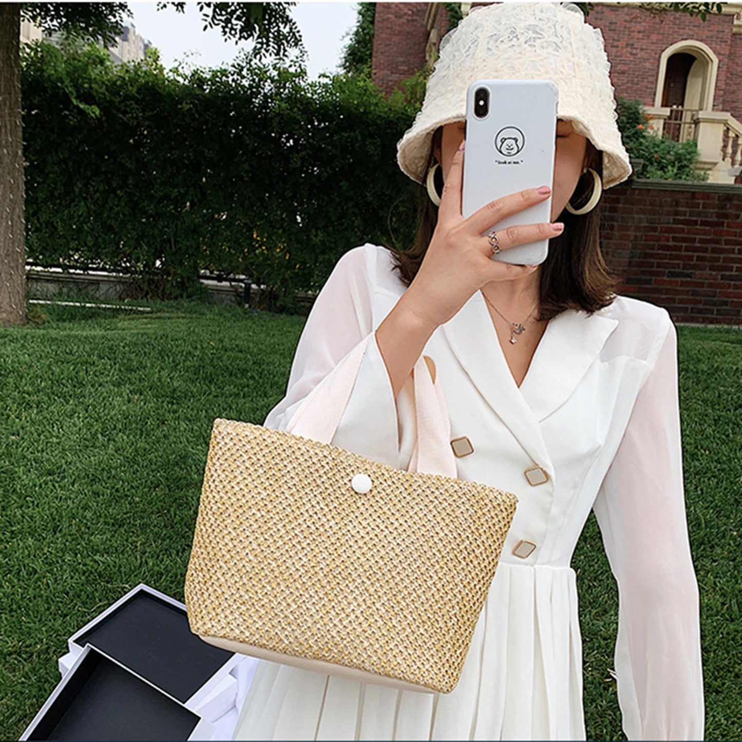 Women Straw Woven Tote Bags Hand-woven Soft Large Straw Shoulder Bag for Vacation Party Bags Peaceful Pleasures Health and Wellness