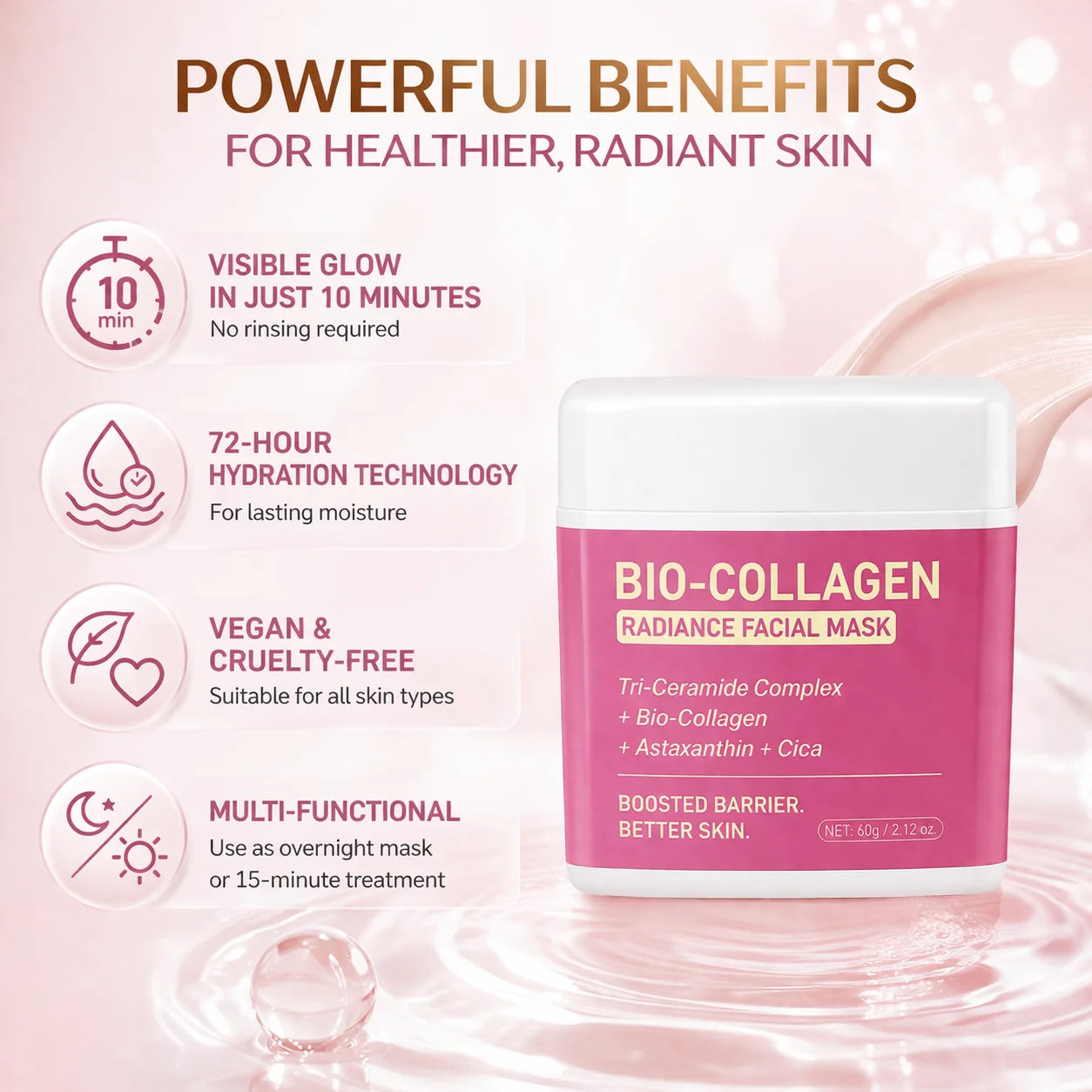 Bio-Collagen Radiance Facial Mask - Transformative Liquid Sheet Mask for Glass Skin - Instant Radiance,Improves Elasticity, 50ml Peaceful Pleasures Health and Wellness