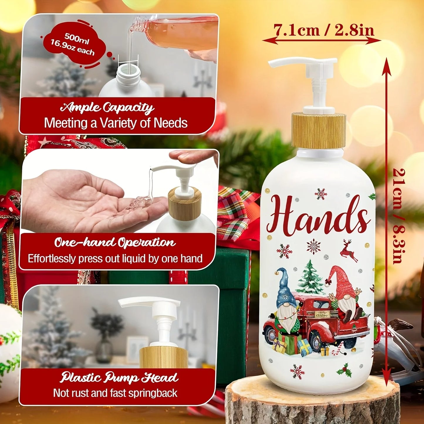 Christmas Gnome Soap Dispenser Set of 2 with Tray – Festive Xmas Kitchen & Bathroom Holiday Decor