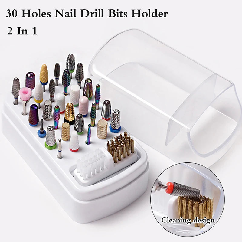 White 30 Holes Nail Drill Bits Holder Clear Dust Proof Drill Bit Case for Acrylic Nail Drill Bits Storage Nail Tools With Brush Peaceful Pleasures Health and Wellness