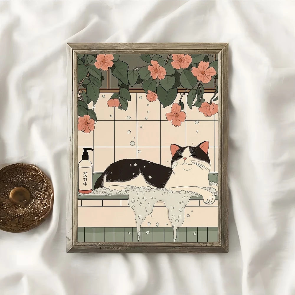Japanese Black Cat Canvas Wall Art Print | Home Decor