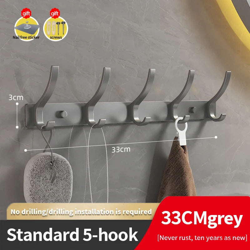 YUNJIEYA 6-Hook Aluminum Wall Hanger | Black White Gun Grey Wall Hook Rack Peaceful Pleasures Health and Wellness grey 5 hook