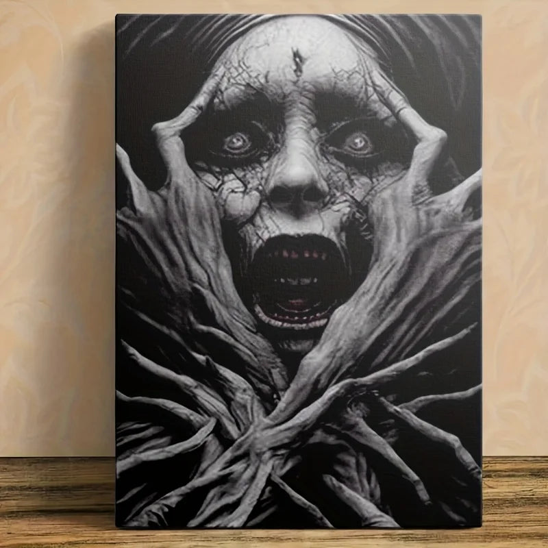 Frameless Canvas Painting - Eerie Distorted Face & Creepy Hands Horror Art, Surrealist Gothic Wall Decor for Halloween Display Peaceful Pleasures Health and Wellness ZLH5128 100x150cm No Frame