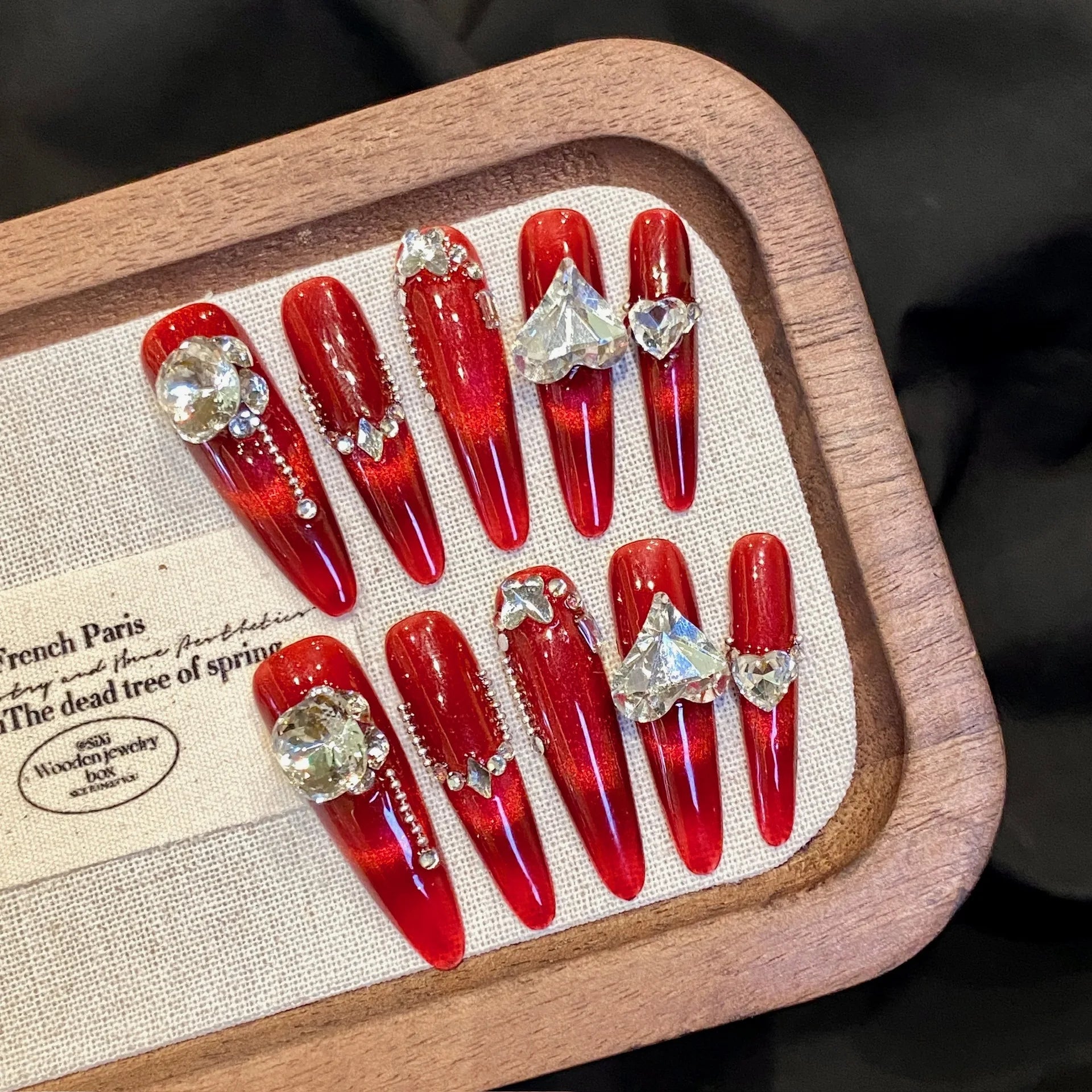 Handmade Press on Nails Long Oval Red French Fake Nails for Women Girl Wearable Large Heart Diamond Design New Year False Nails Peaceful Pleasures Health and Wellness