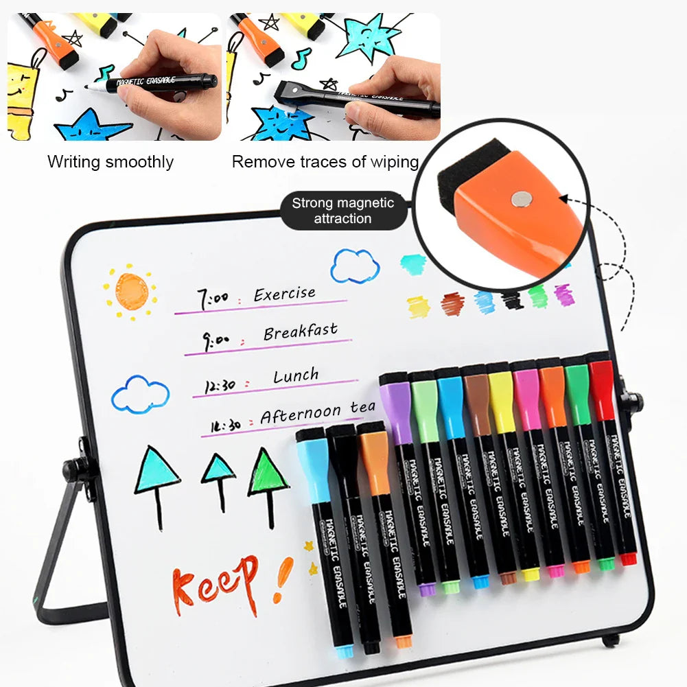 Erasable Magnetic Whiteboard Markers with Built-In Eraser | 12 Colors