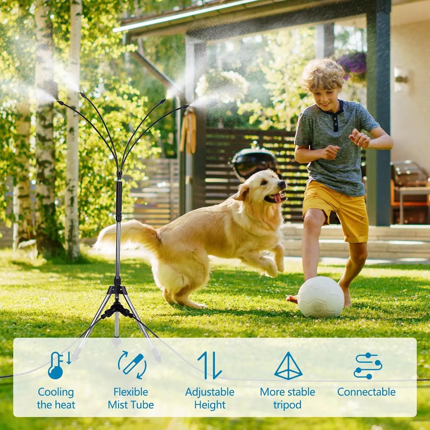 Standing Misters for Outside Patio with Filter - Adjustable Height 3.2-4.1FT Misting System Line 26.5FT Portable Water Misters Peaceful Pleasures Health and Wellness