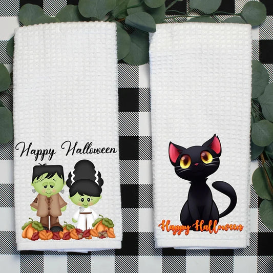 Halloween Waffle Tea Towel | Spooky Black Cat Kitchen Dishcloth Halloween Kitchen Towel Peaceful Pleasures Health and Wellness