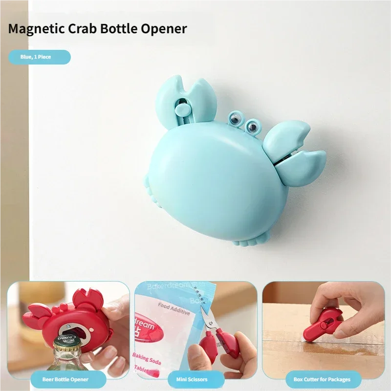 Crab Magnetic Bottle Opener 4-in-1 Kitchen Tool Set Beer Opener, Mini Scissors, Box Cutter, Fridge Magnet, Cute Cartoon Gadget Peaceful Pleasures Health and Wellness Blue
